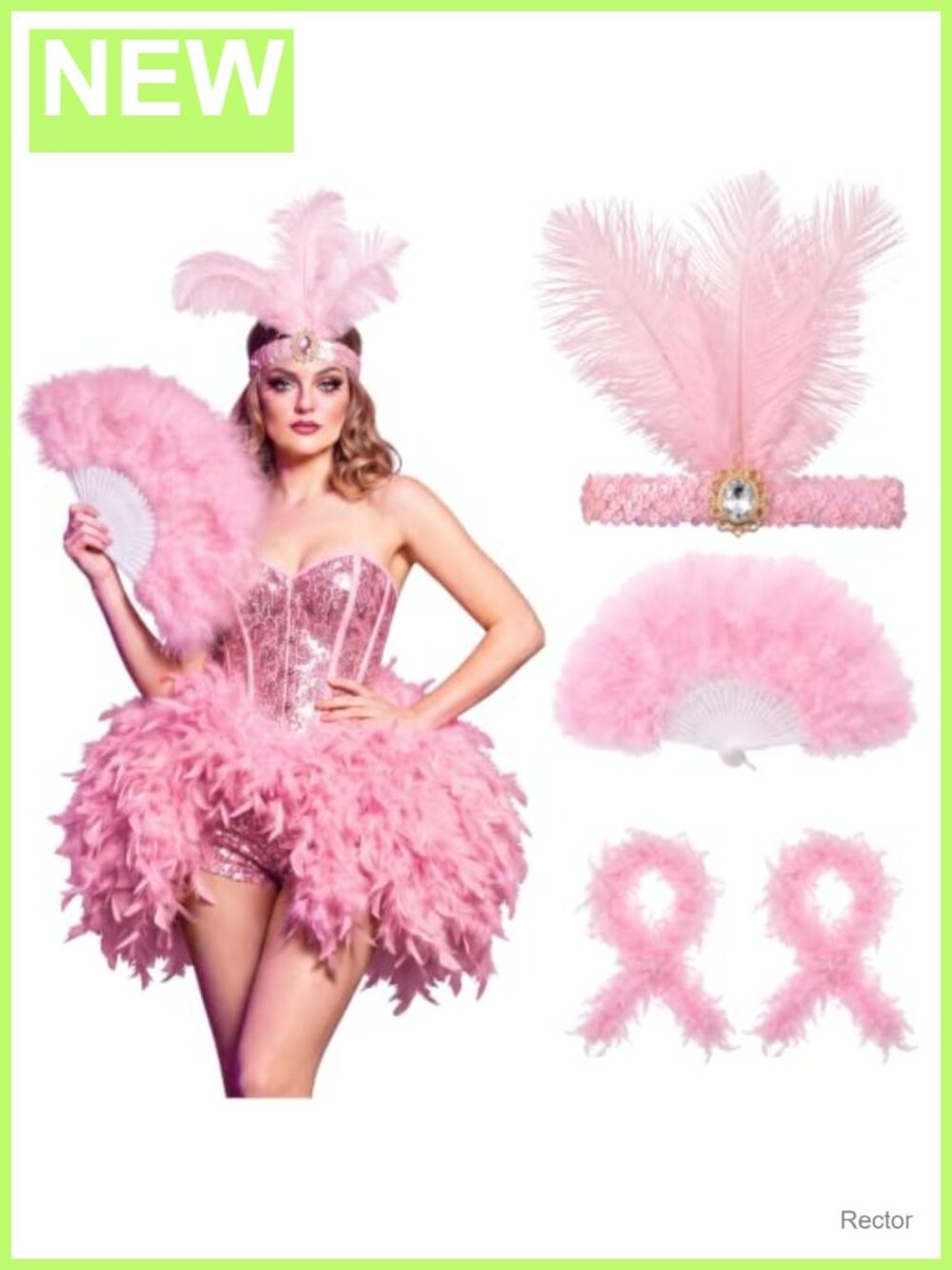 Feather showgirl costume set with boa fan headpiece